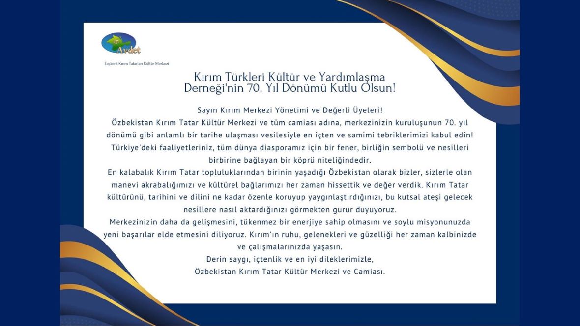 Özbekistan’dan 70. Yıl Dönümümüz Tebrik Mesajı